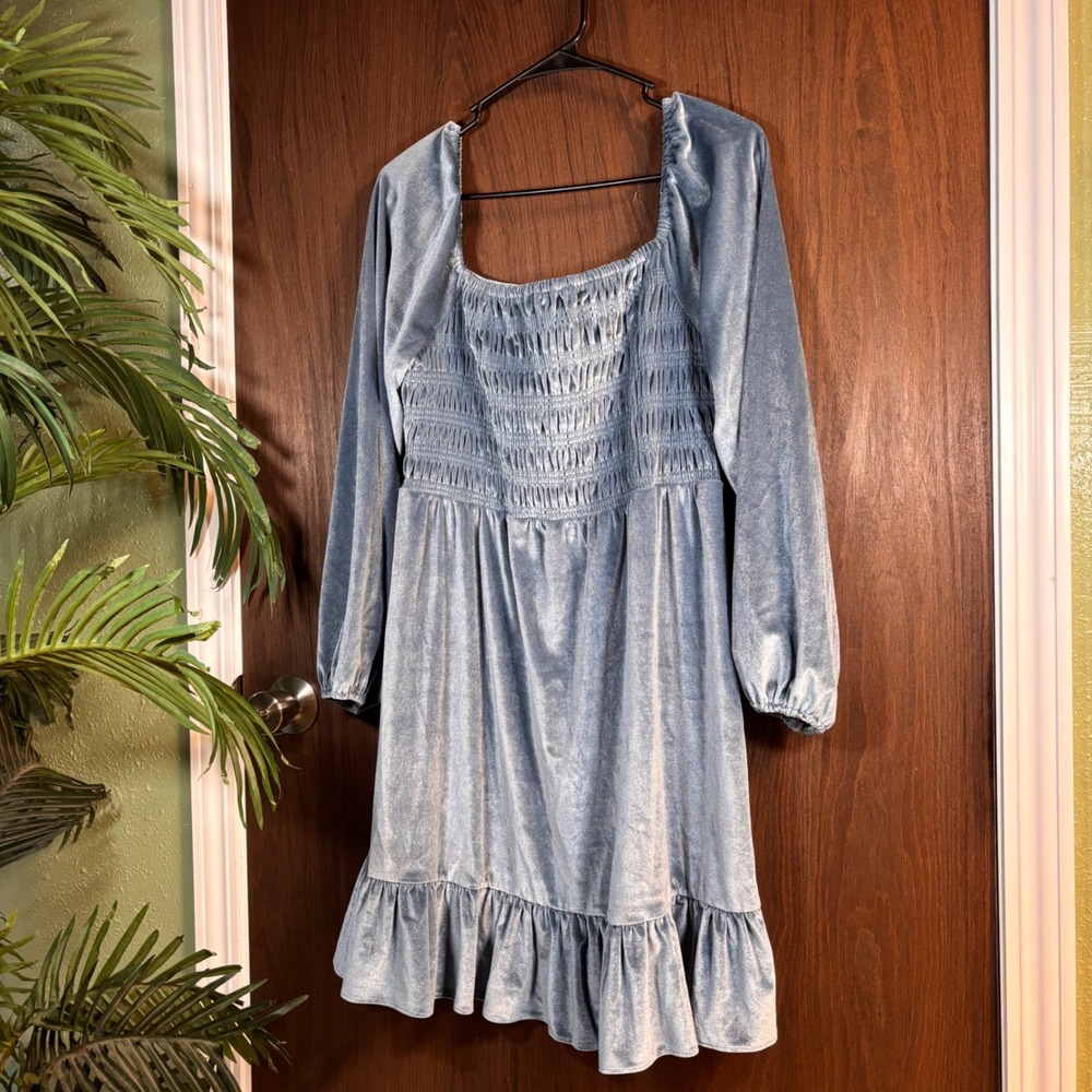 LC Lauren Conrad Blue Velvet Smocked Babydoll Dress Cottagecore